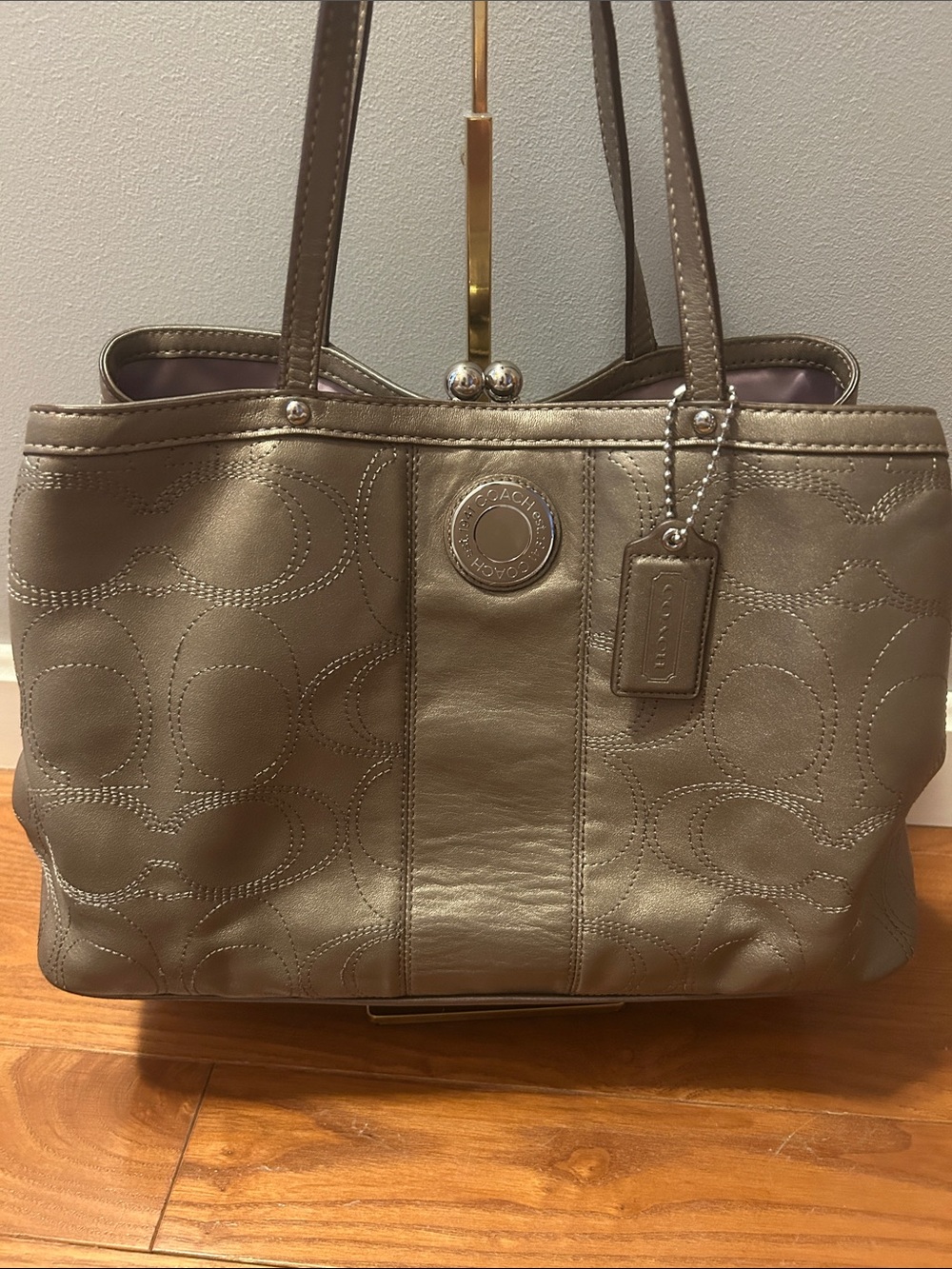 Coach 2012 Metallic Taupe Leather Framed Kiss Lock Tote